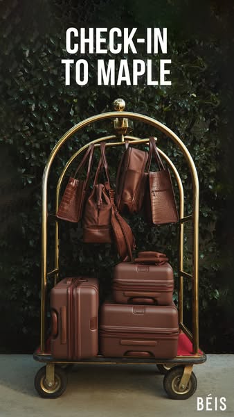 This ad showcases BÉIS luggage and bags on a luggage cart, presented in the brand's signature brown tone.