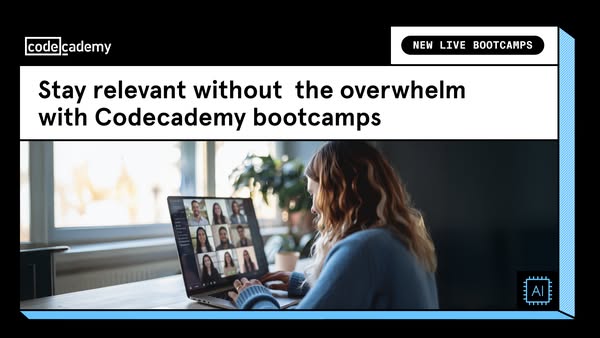 This ad promotes Codecademy bootcamps, highlighting the benefit of staying relevant in the tech industry without feeling
