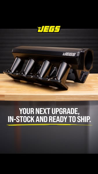 This ad showcases a JEGS intake manifold and emphasizes that it's in stock and ready to ship, aiming to entice car e