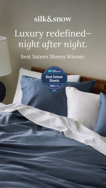 This ad promotes Silk & Snow sateen sheets by highlighting their luxurious feel and award-winning quality.