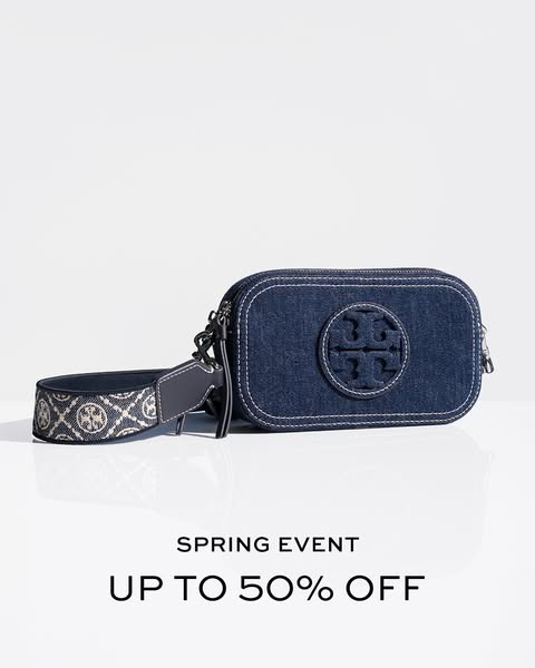 This image ad highlights a Tory Burch camera bag and a spring event where shoppers can receive up to 50% off.