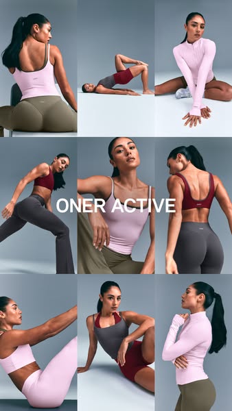 This image ad for Oner Active uses a grid layout to showcase the brand's activewear on a model in various poses and 