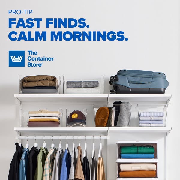 An image ad promoting The Container Store's products for closet organization, featuring clear storage bins, shelves,