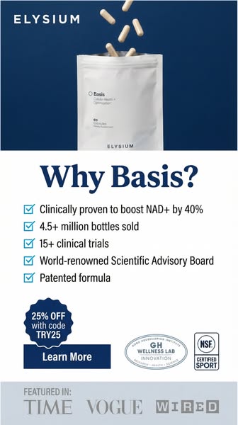 This ad for Elysium Basis highlights key product features such as its clinical backing, high sales figures, and patented