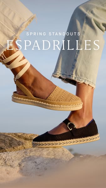 This image ad promotes espadrilles as the spring season's must-have footwear, displaying two stylish pairs on models