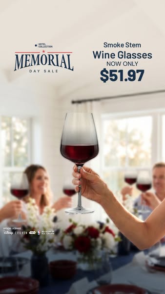 This image ad showcases smoke stem wine glasses that are on sale for Memorial Day. The image shows wine glasses at a tab