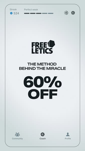 This ad promotes Freeletics, a fitness app, by showcasing a screenshot of the app interface with a limited-time offer of