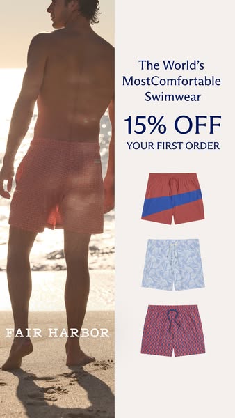 An ad for Fair Harbor swimwear featuring a man on the beach wearing a pair of their swim trunks. To the right of the man