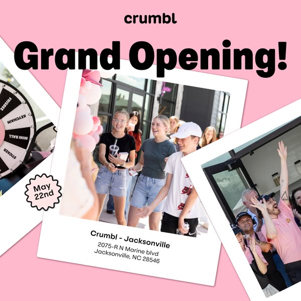 This image ad announces the grand opening of a Crumbl location in Jacksonville. It uses a collage of Polaroid-style phot