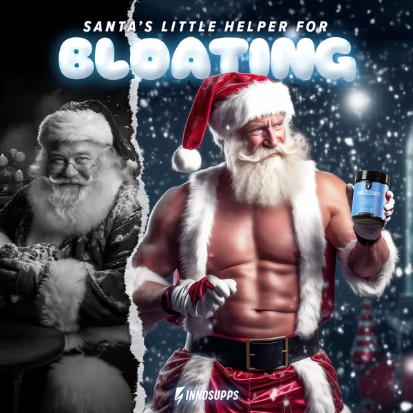 This ad features a split-screen comparison of Santa Claus before and after using Inno Supps' "Keto Cleanse&quot