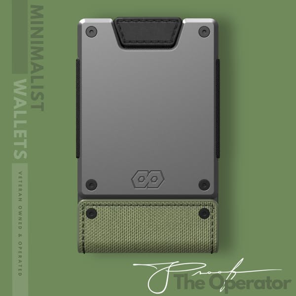 This image ad showcases a minimalist wallet in a studio shot. The ad highlights the brand's identity as veteran-owne