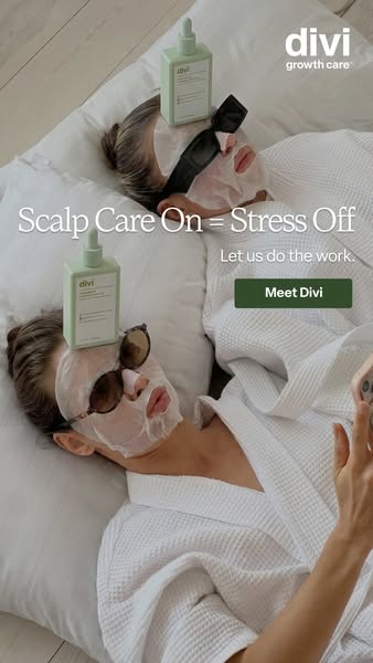 This ad features two women in white bathrobes, relaxing with face masks on, and promotes Divi hair products for stress-f