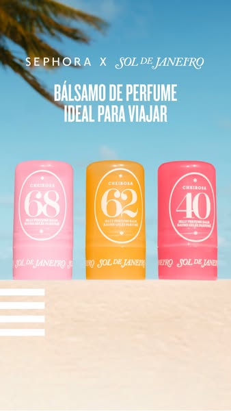 An ad from Sephora and Sol de Janeiro featuring three Sol de Janeiro perfume balms on what appears to be a beach. The ba