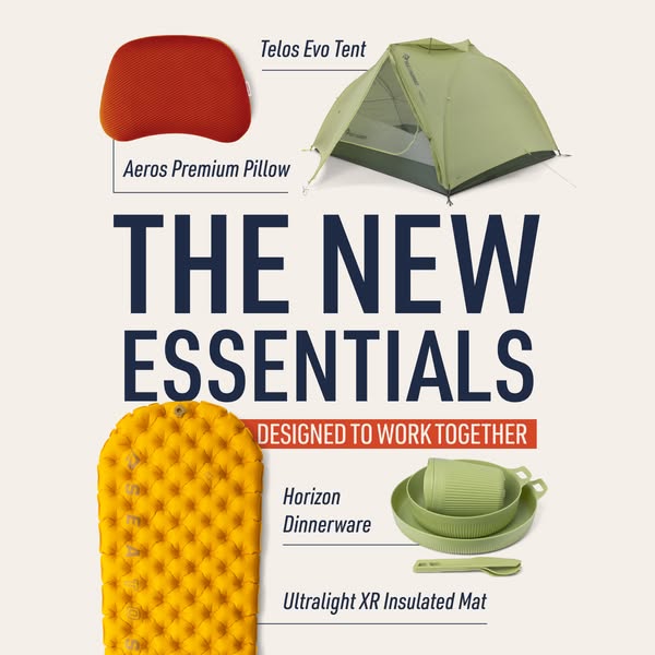 This ad promotes the brand's new outdoor essentials. The image features a tent, pillow, sleeping mat, and dining war