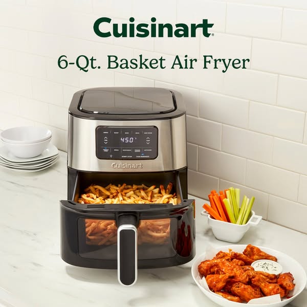 An ad for Cuisinart's 6-Quart Basket Air Fryer. The image shows the appliance on a kitchen counter surrounded by pre