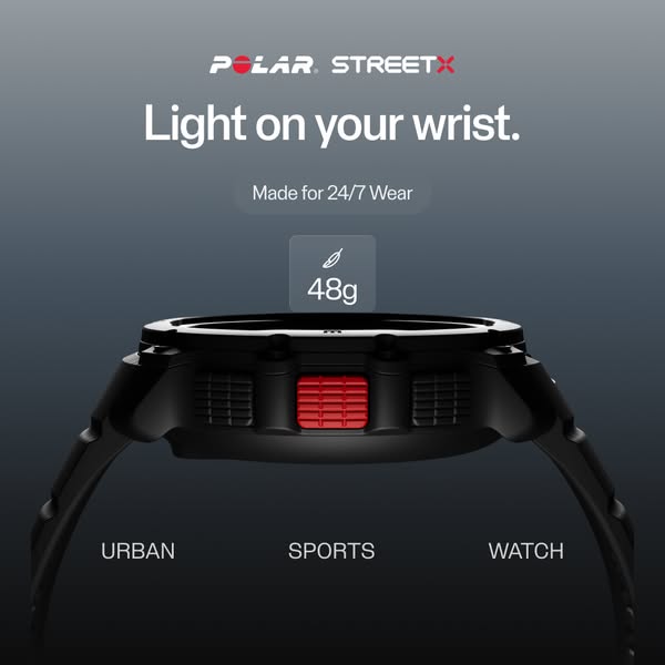 This image ad highlights a Polar Street X watch by emphasizing its lightweight design and suitability for urban, sports,