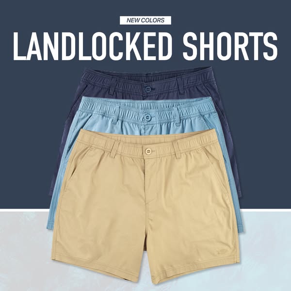 This image ad showcases three different color options for Landlocked brand shorts. The layout is simple with the three i