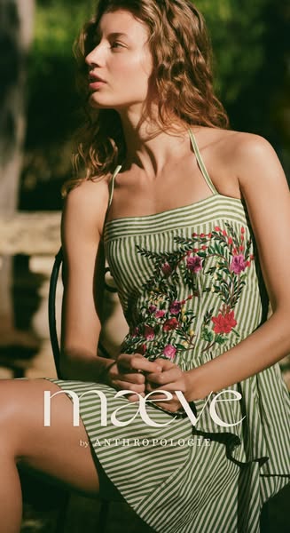 This ad features a young woman wearing a Maeve dress by Anthropologie. The ad highlights the dress and the brand.