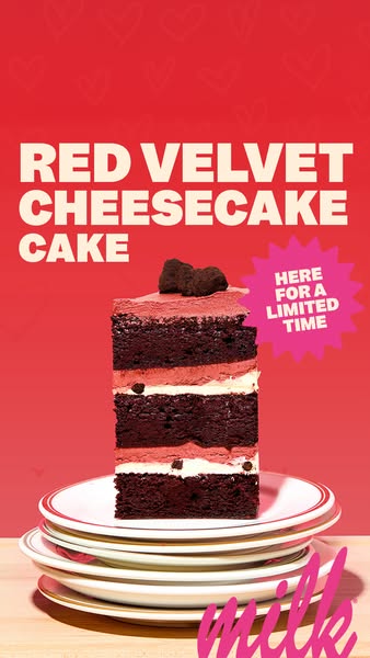 This ad features a slice of red velvet cheesecake cake from Milk Bar, highlighting that it is available for a limited ti