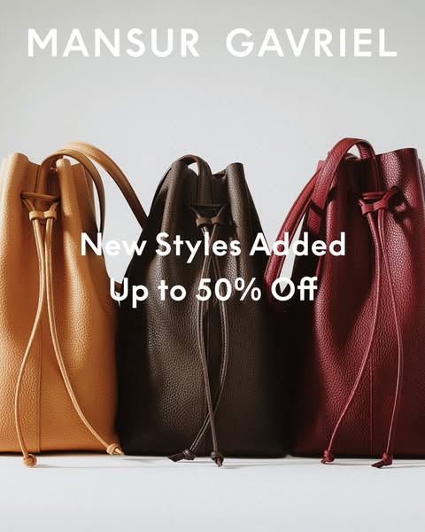 This image ad showcases three Mansur Gavriel bucket bags in different colors and promotes a sale of up to 50% off on new