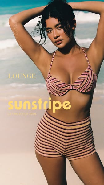 A full shot of a model wearing a Lounge bikini. The bikini top and shorts are pink and tan striped. The headline reads &