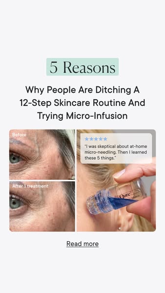 This image ad promotes Qure's micro-infusion product as an alternative to a 12-step skincare routine. It uses a befo