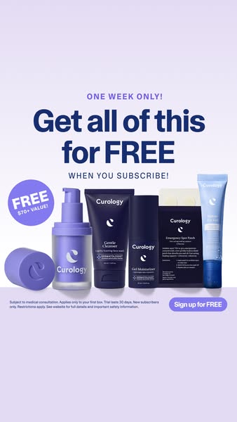 This image promotes a limited-time offer from Curology, highlighting a free trial that includes a variety of skincare pr