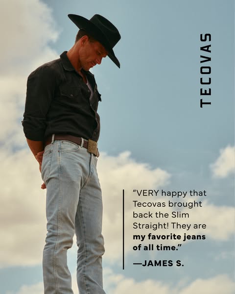 This ad features a testimonial from James S. about Tecovas Slim Straight jeans. The ad shows a man wearing the jeans aga