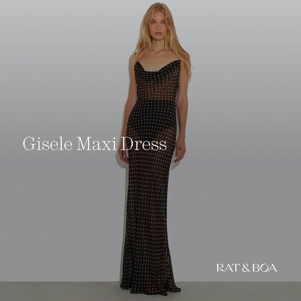 This ad showcases the Gisele Maxi Dress from the brand RAT & BOA. The ad features a model wearing the dress against 