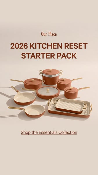 This ad showcases Our Place's 2026 Kitchen Reset Starter Pack, highlighting the variety of cookware included in the 