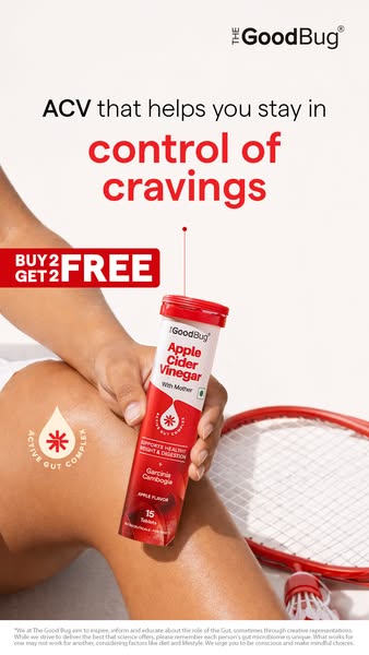 This ad for The Good Bug Apple Cider Vinegar tablets features a person holding the product in front of their leg, with o