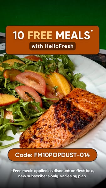 This image ad for HelloFresh promotes a limited-time offer of 10 free meals for new subscribers. The ad features a close