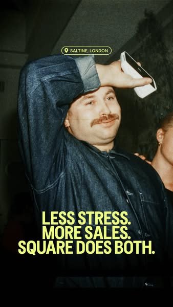This ad for Square features a man holding a Square card reader, with the text overlay "LESS STRESS. MORE SALES. SQU