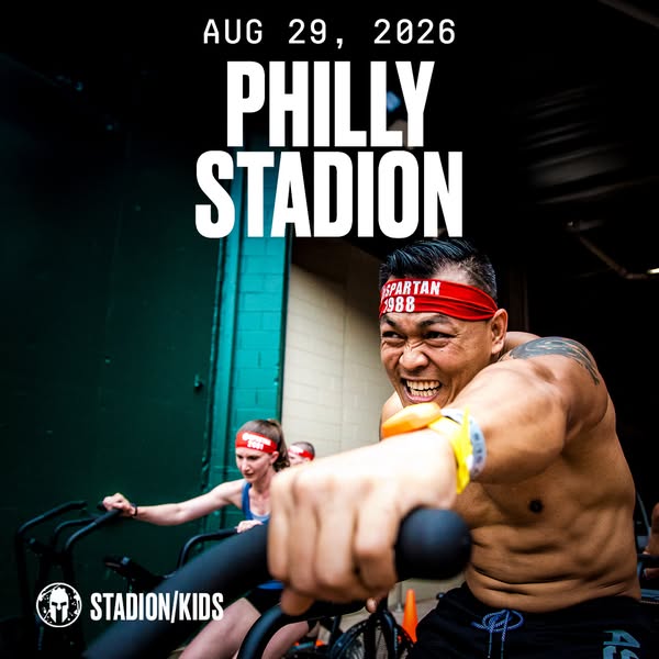 This ad promotes the Stadion Kids event to be held in Philly on August 29, 2026, with an image of a man intensely workin