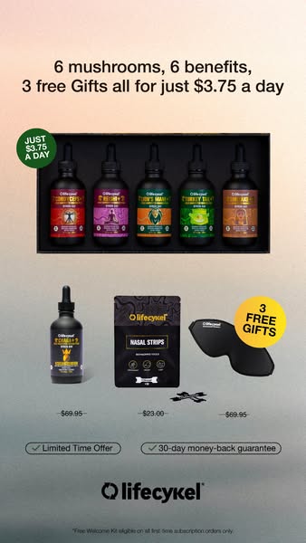 This ad promotes a mushroom supplement kit from Lifecykel, highlighting the benefits of six different mushrooms and incl