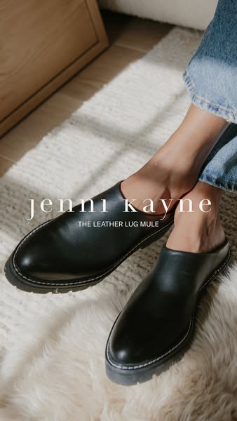 This ad showcases the Jenni Kayne Leather Lug Mule, highlighting its design and craftsmanship in a lifestyle context.
