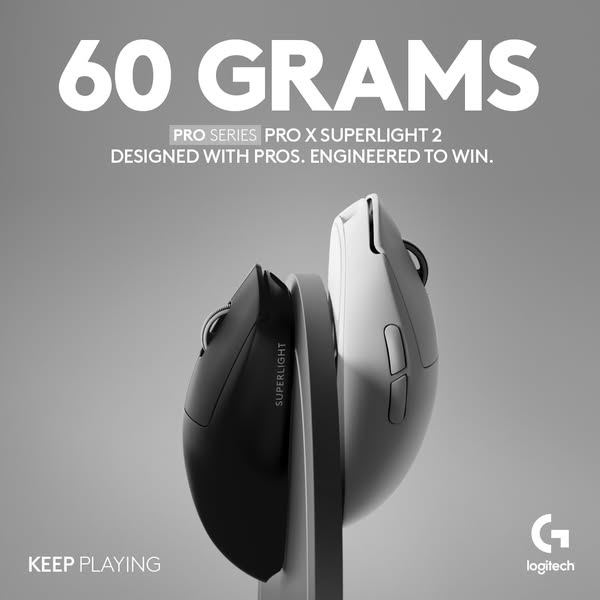 This ad showcases Logitech's PRO X SUPERLIGHT 2 mouse. The ad highlights the lightness of the mouse, the design, and