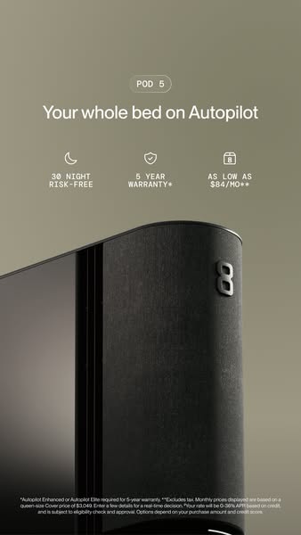 This image ad promotes the Pod 5 bed by Eight Sleep, highlighting its autopilot feature. The ad showcases the product, e