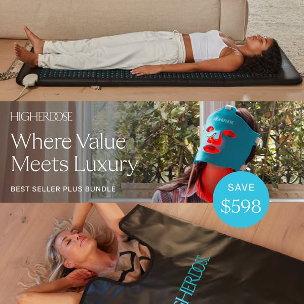 This ad showcases the HigherDOSE brand and specific products with a focus on luxury and value. It features a woman relax