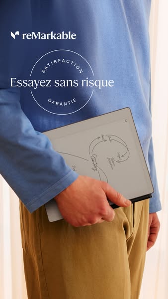 A man holds a reMarkable tablet in his hand. A circular graphic at the top of the image promises satisfaction and a risk