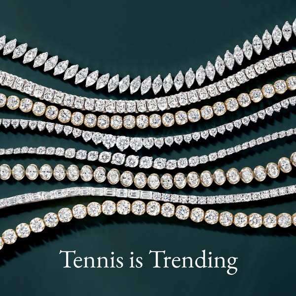 This image promotes tennis style necklaces in different styles and diamond cuts.