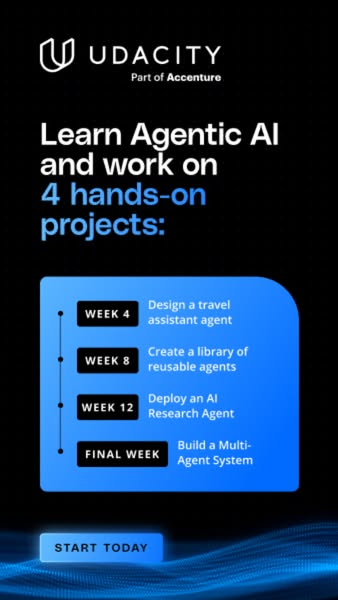 This ad promotes Udacity's Agentic AI course, highlighting the hands-on projects involved and encouraging viewers to