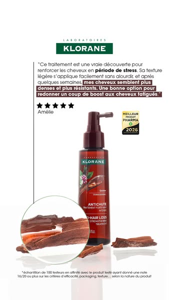 This image ad showcases Klorane's anti-hair loss strengthening treatment. It features a product shot, a customer tes