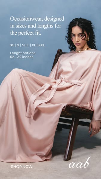 This ad features a woman wearing a long, light pink dress. The ad highlights the variety of sizes and lengths available,