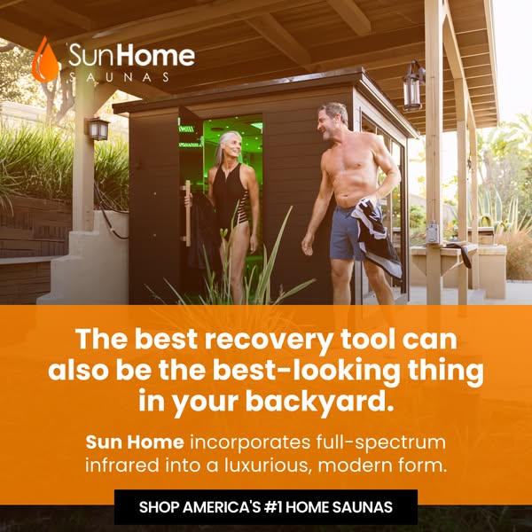 This image ad showcases a Sun Home Sauna as the best recovery tool that is also the best-looking thing in your backyard.