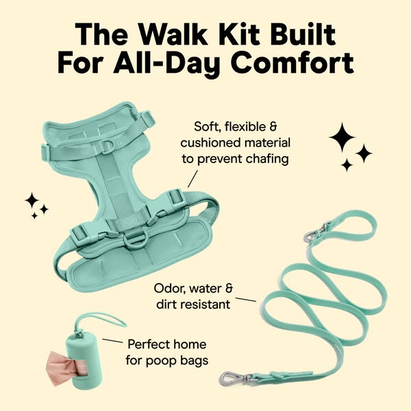 This ad showcases a dog walking kit, highlighting its comfort, durability, and convenience. It emphasizes the kit's 