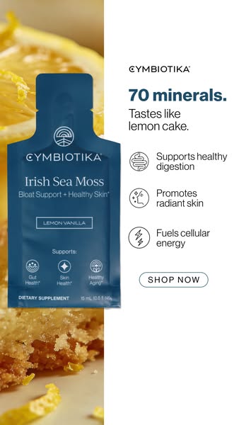 This ad promotes Cymbiotika's Irish Sea Moss, Lemon Vanilla flavor, as a dietary supplement to support bloat and hea