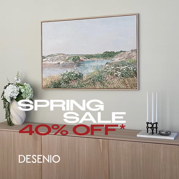 This image ad showcases Desenio's Spring Sale with a 40% discount. The setting features a stylishly decorated room w