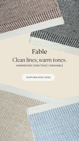 This image ad for Fable features a variety of wool rugs in different colors and patterns. The ad highlights the brand