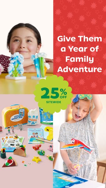 This ad for Little Passports uses a split-screen format to showcase the brand's educational subscription boxes. The 